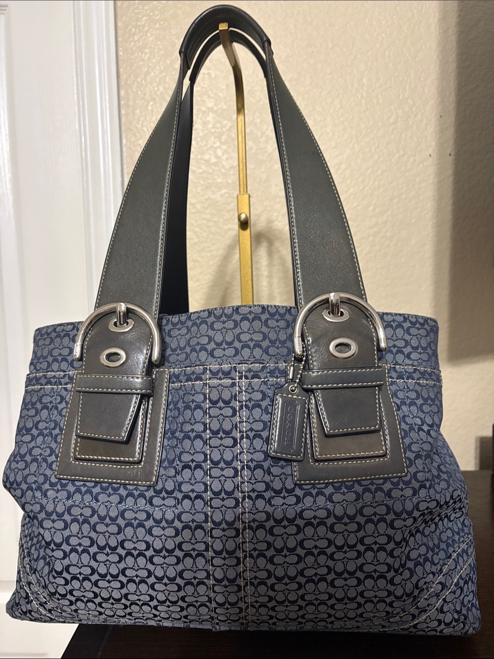 Coach Blue Signature Jacquard Tote with Gray Leather Trim